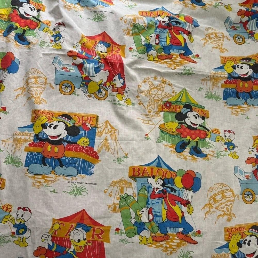 VTG 70s Sheet Mickey Mouse Flat Twin Disney Carnival Minnie Goofy Donald Cartoon